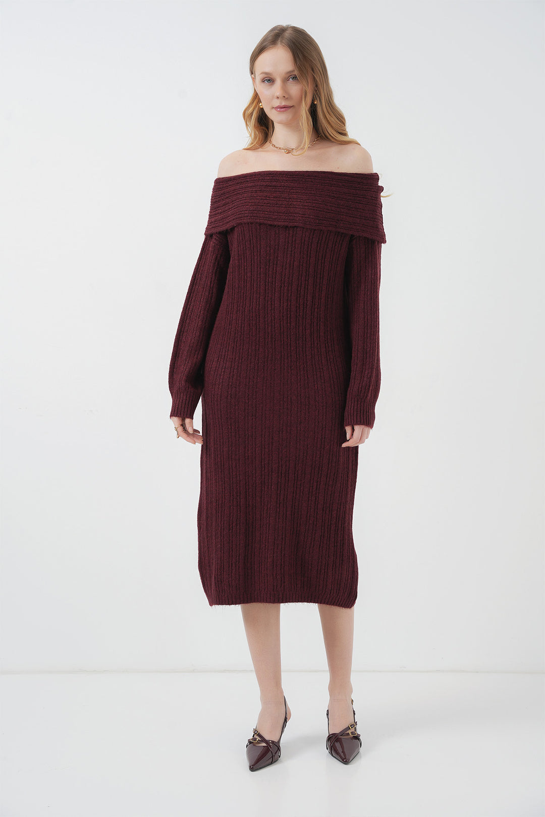 Bigdart 15920 Robe tricot oversize à col Madonna - Bordeaux