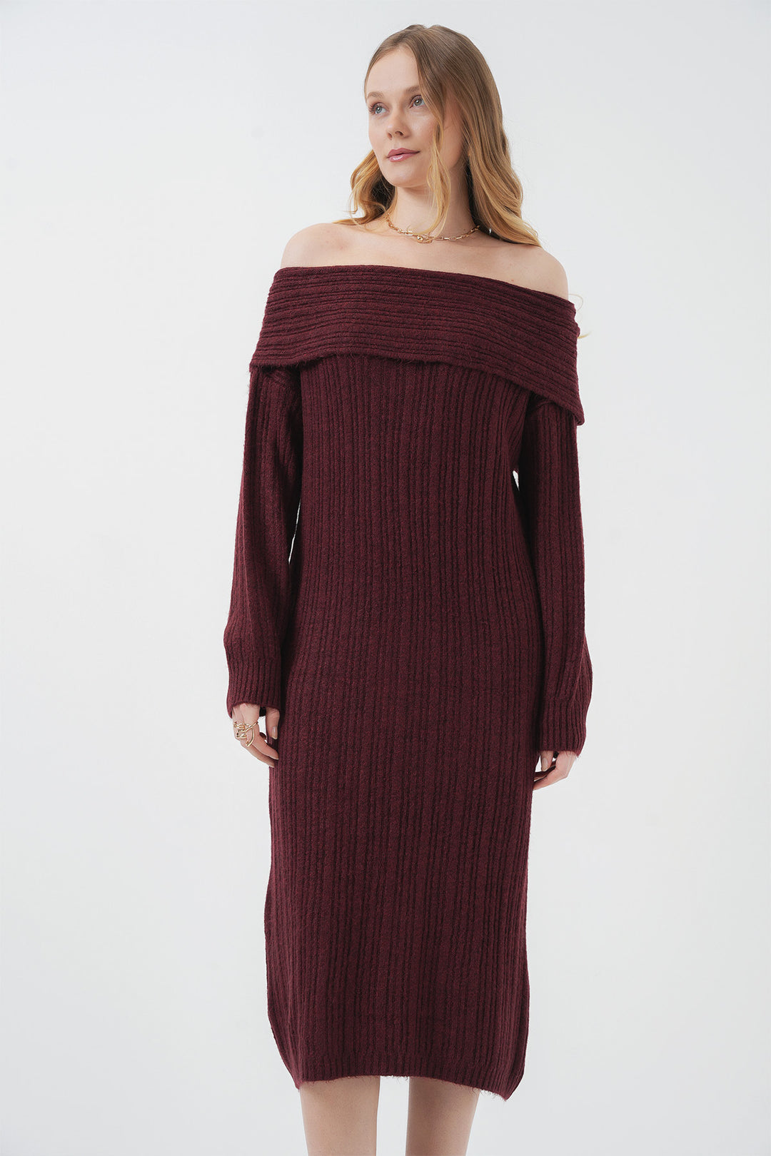 Bigdart 15920 Robe tricot oversize à col Madonna - Bordeaux