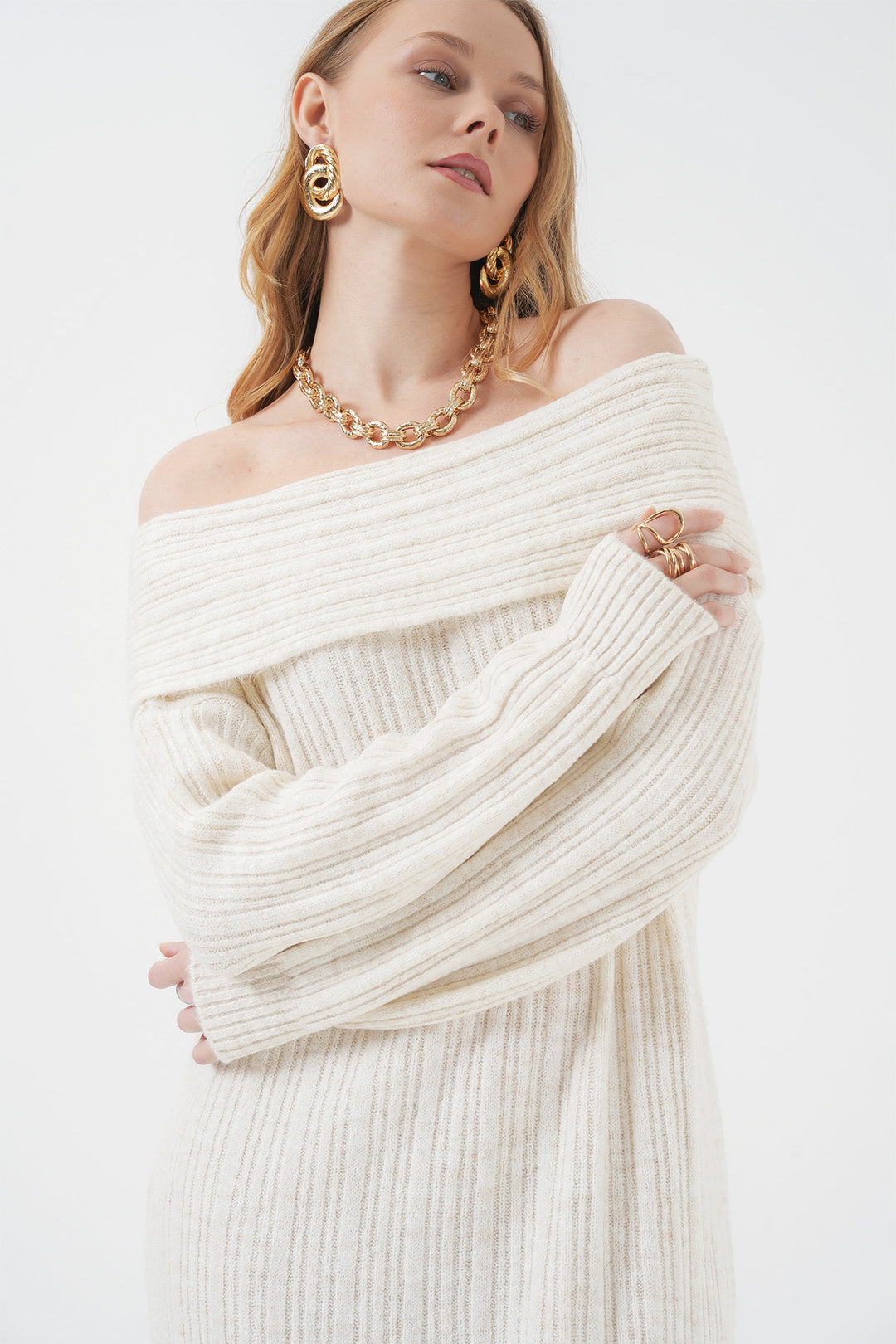 Bigdart 15920 Robe tricot oversize à col Madonna - Écru