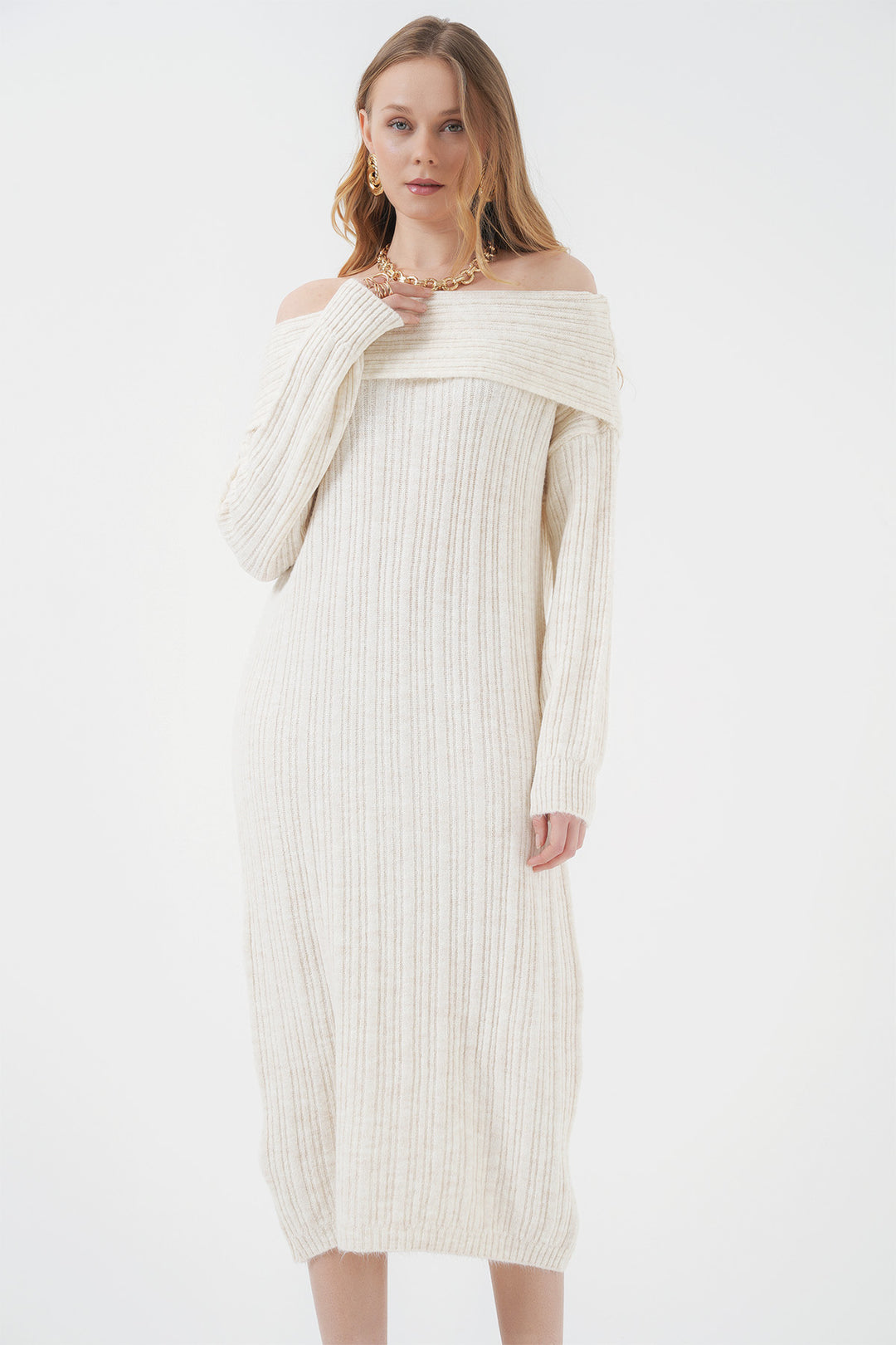 Bigdart 15920 Robe tricot oversize à col Madonna - Écru