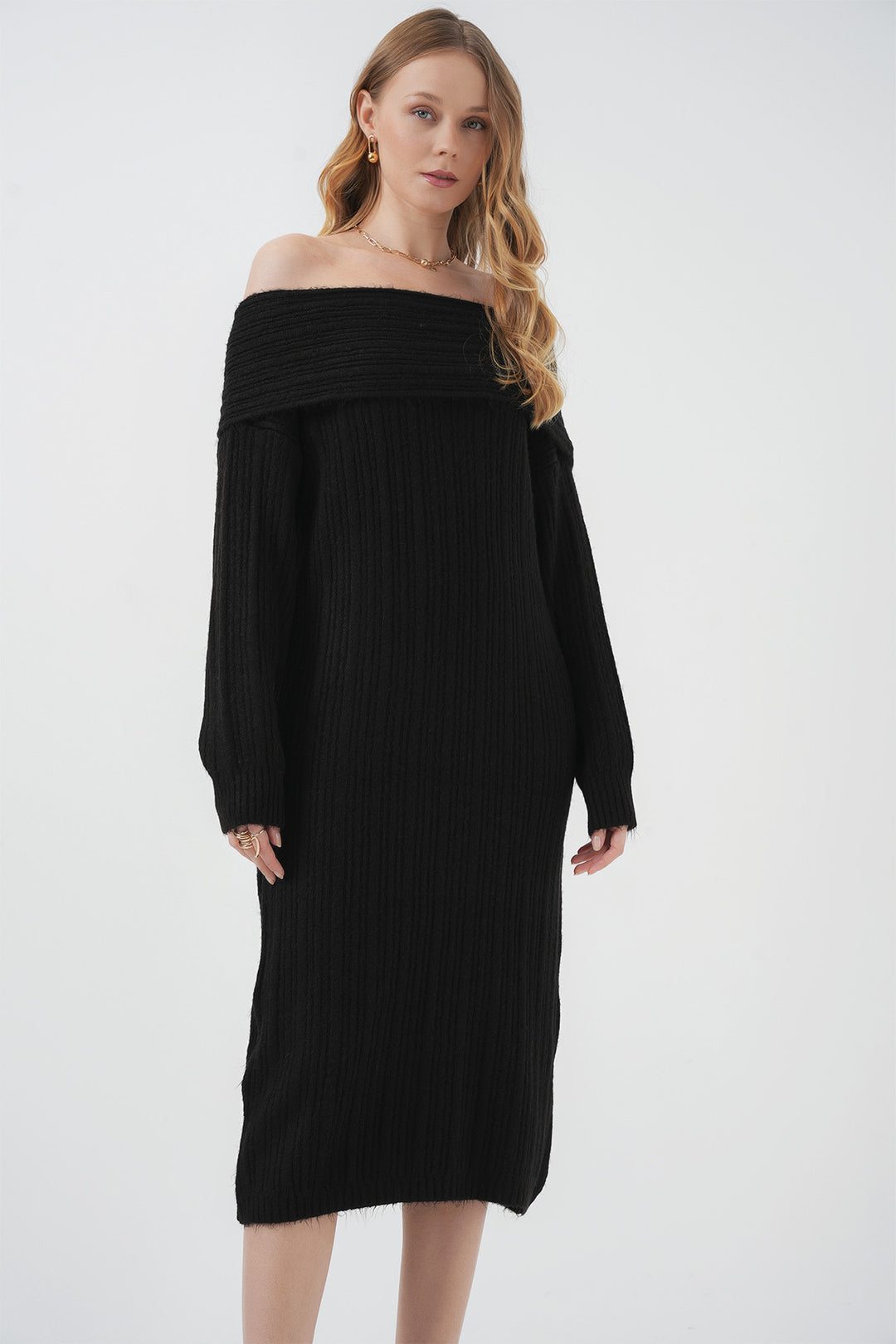 Bigdart 15920 Robe Tricotée Oversize à Col Madonna - Noir