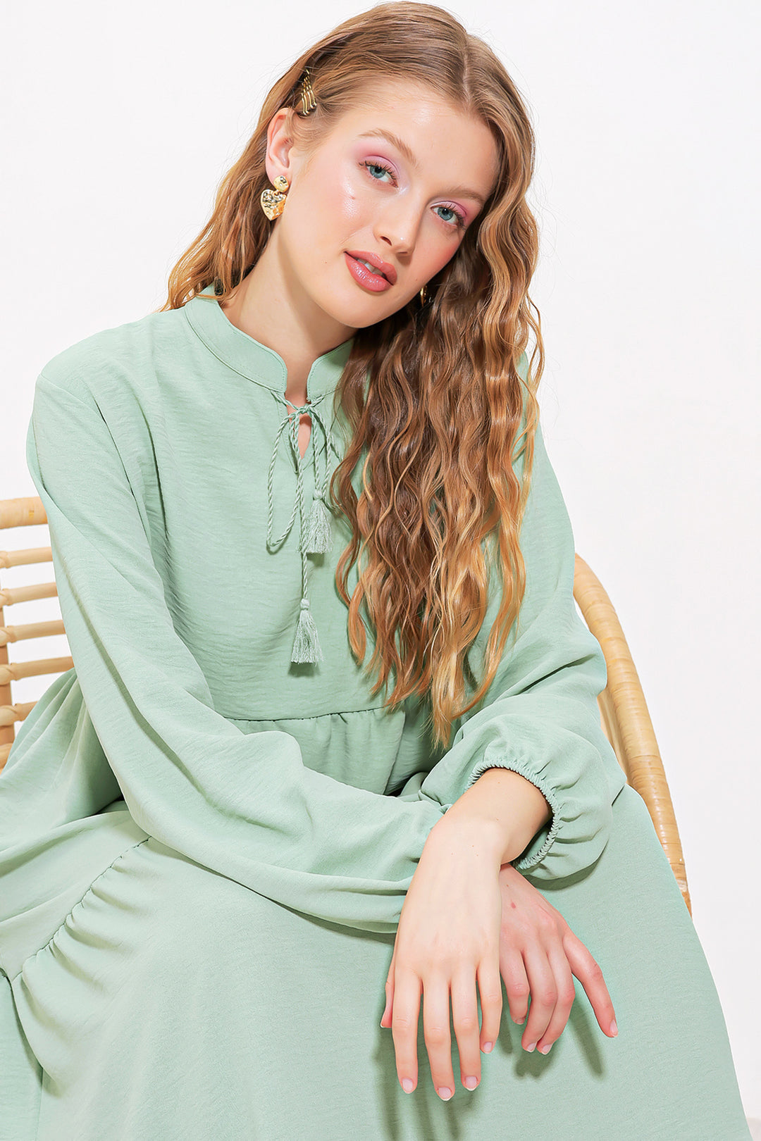 Bigdart Robe longue de hijab en viscose à lacets vert d'eau femme 1627 - c. çağla