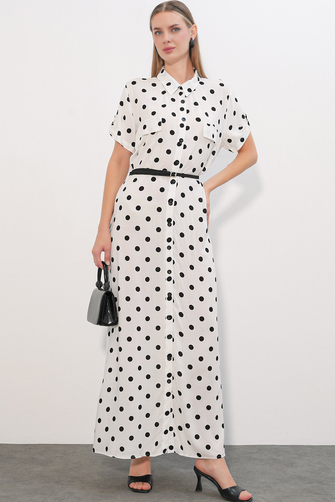 Bigdart 1661 Robe longue à pois avec ceinture - b.Blanc