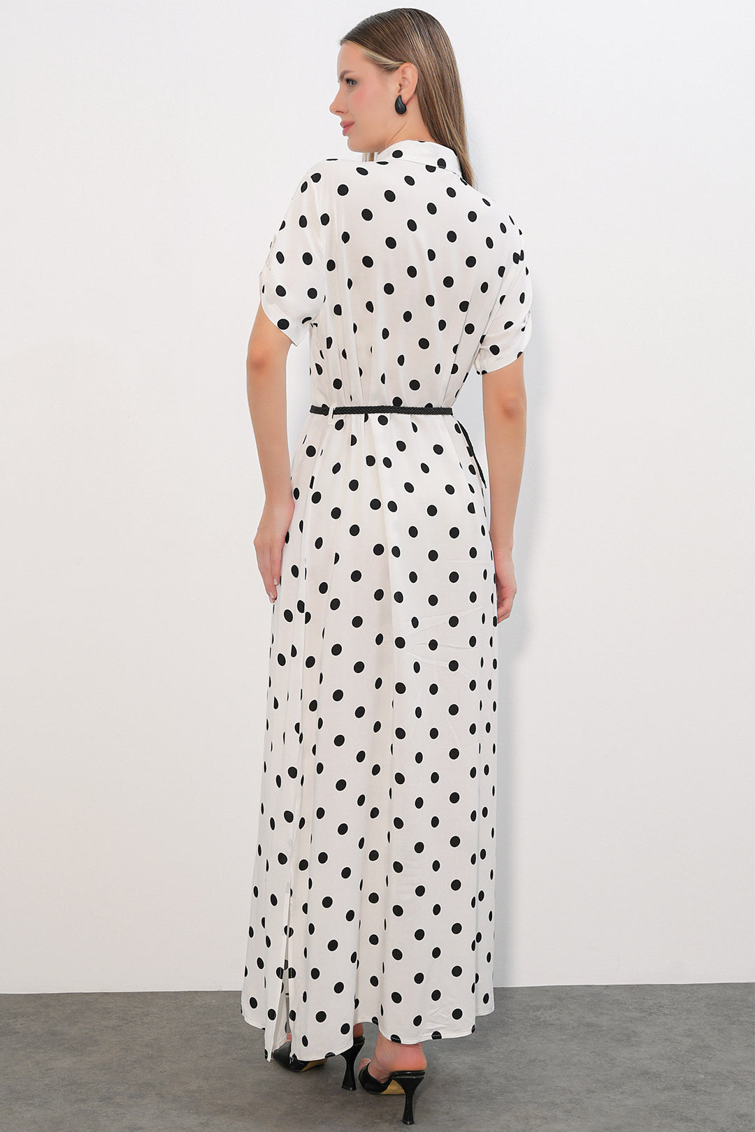 Bigdart 1661 Robe longue à pois avec ceinture - b.Blanc
