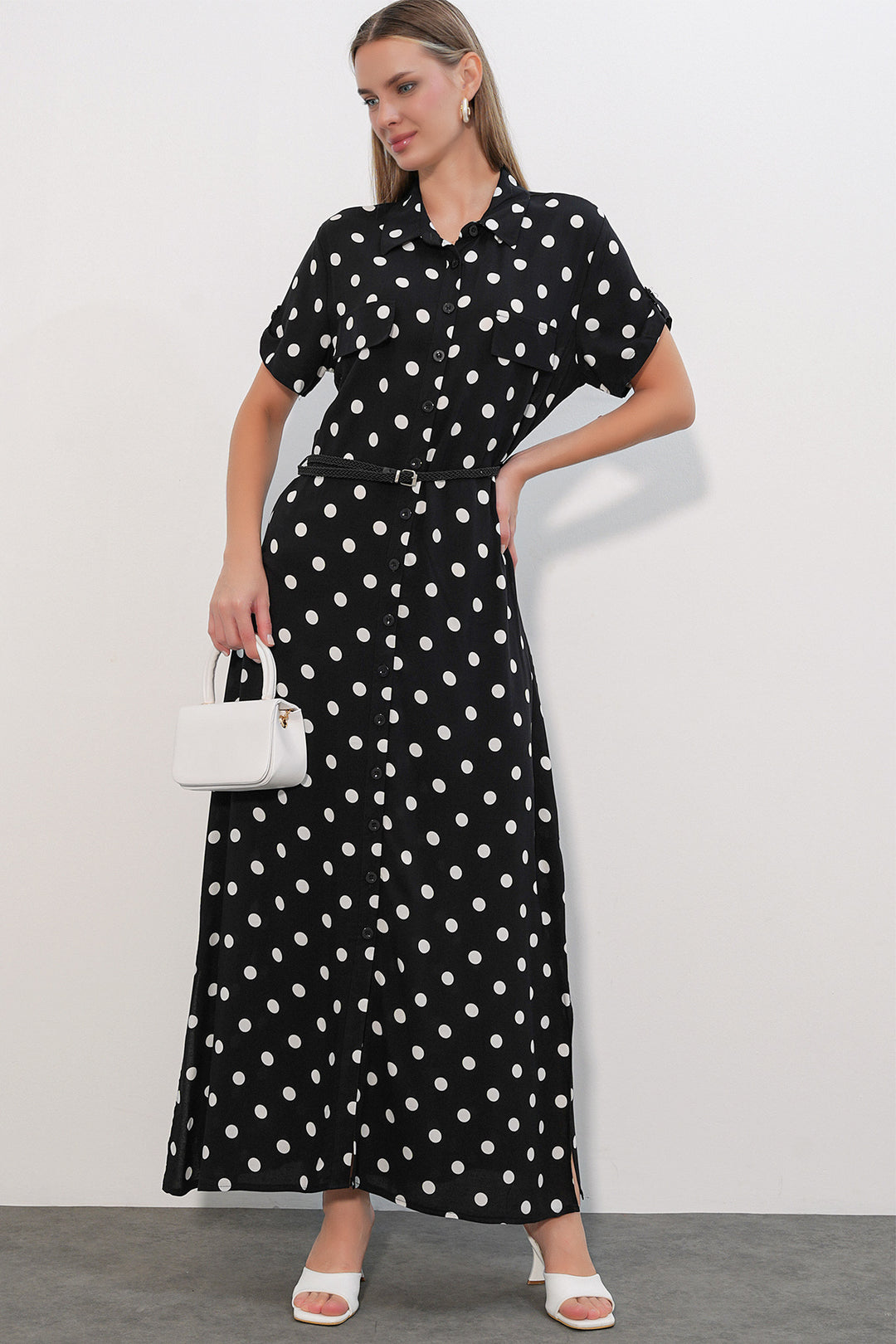 Bigdart 1661 Robe longue à pois avec ceinture - b. Noir