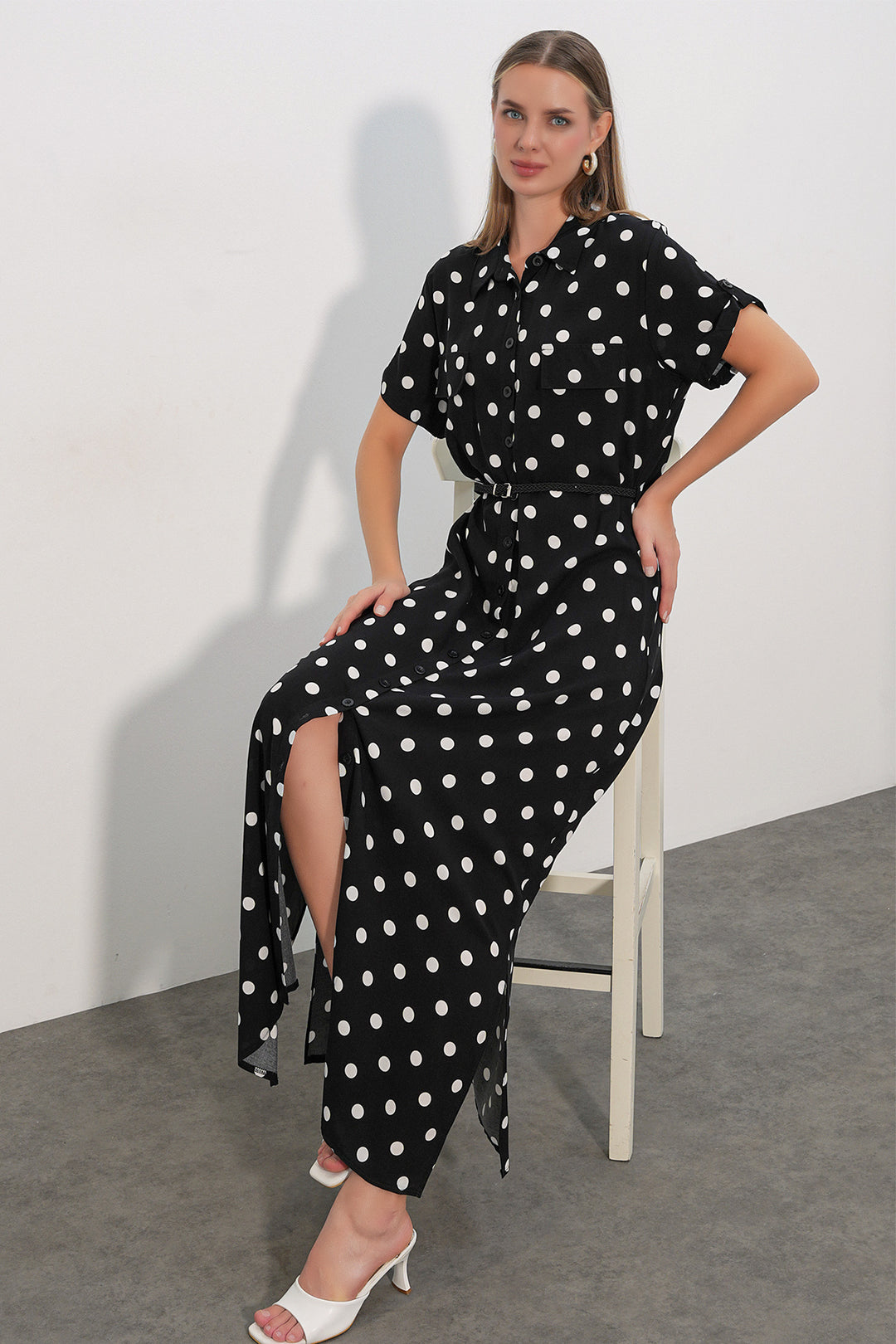 Bigdart 1661 Robe longue à pois avec ceinture - b. Noir