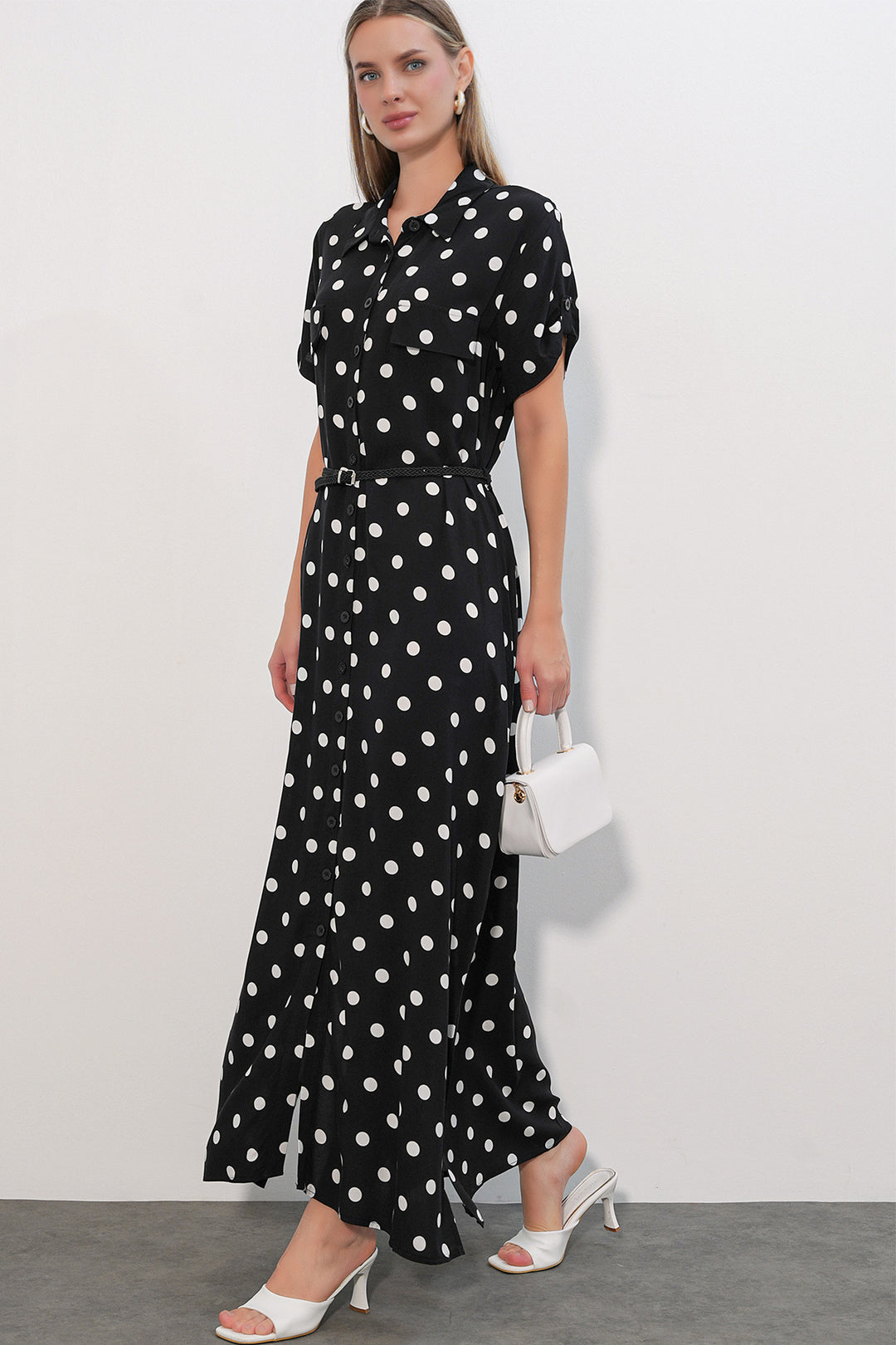 Bigdart 1661 Robe longue à pois avec ceinture - b. Noir