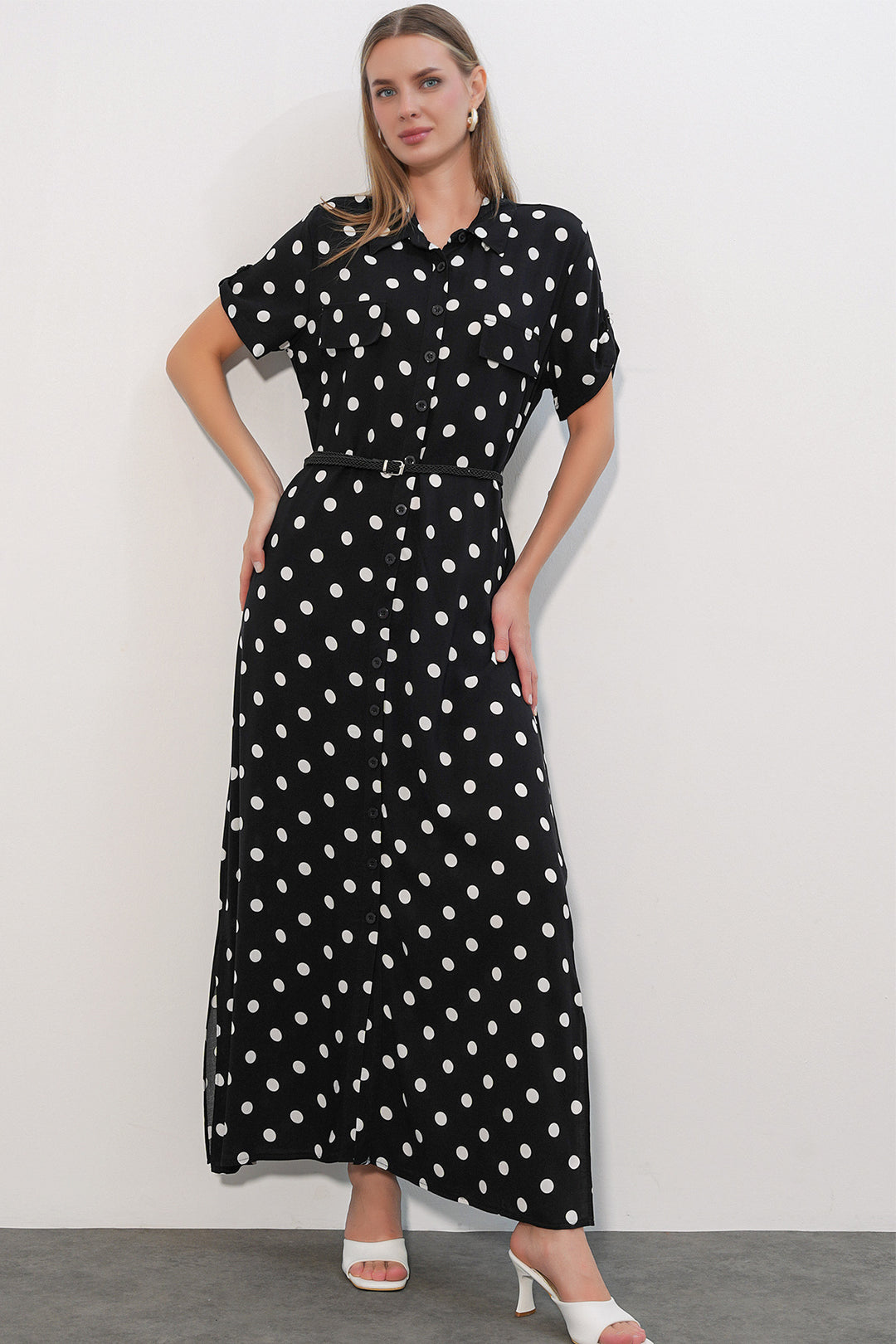 Bigdart 1661 Robe longue à pois avec ceinture - b. Noir
