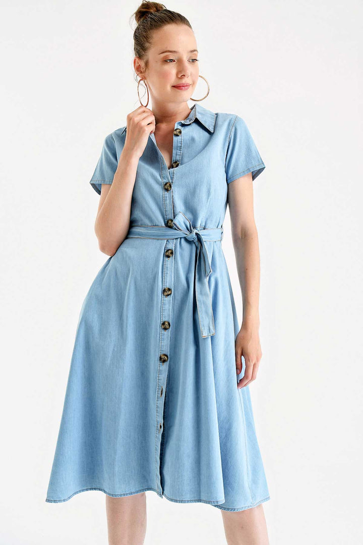Bigdart 1677 Robe en jean à boutons sur le devant avec ceinture - Bleu