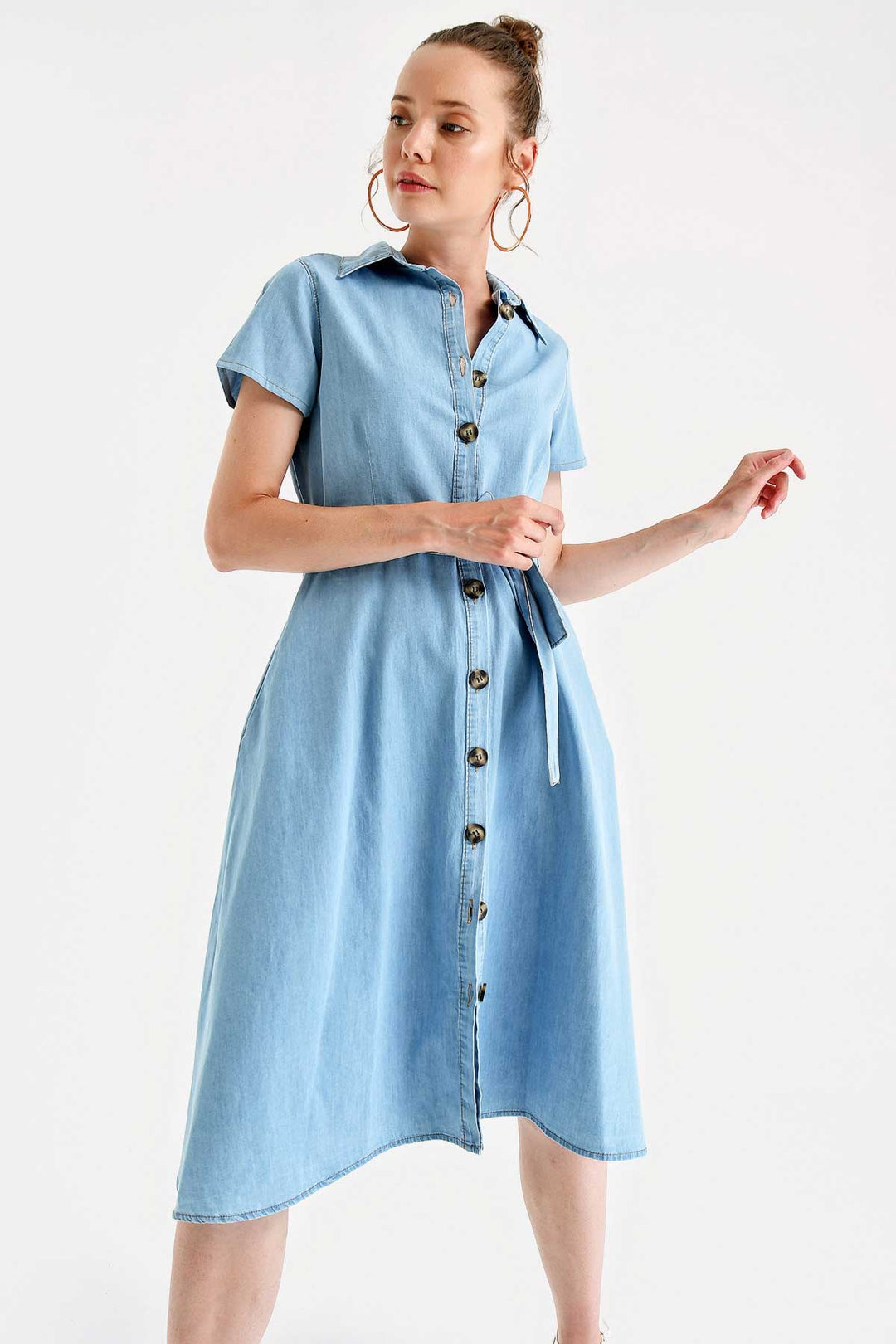Bigdart 1677 Robe en jean à boutons sur le devant avec ceinture - Bleu