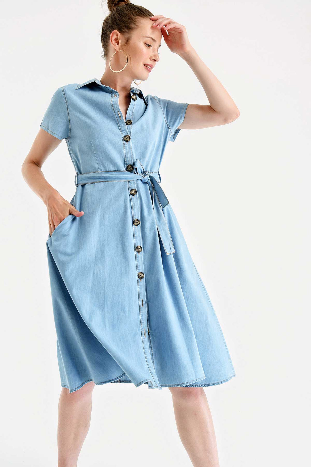 Bigdart 1677 Robe en jean à boutons sur le devant avec ceinture - Bleu