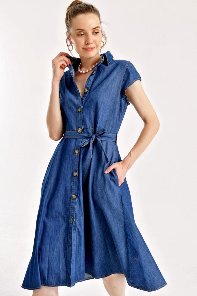 Bigdart Robe en jean à boutons et ceinture 1677 - Bleu marine