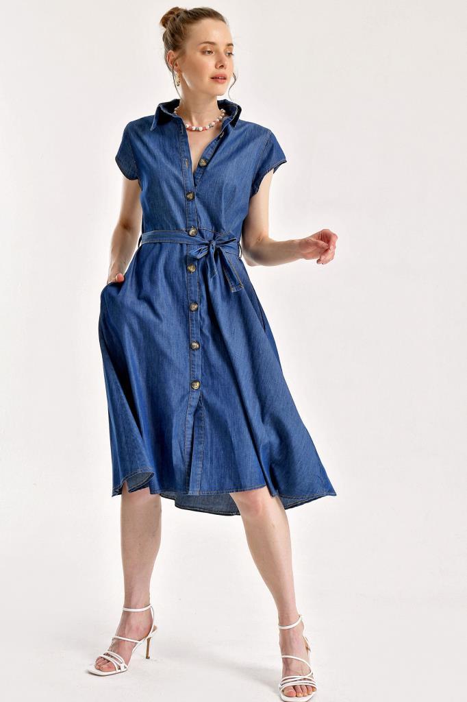 Bigdart Robe en jean à boutons et ceinture 1677 - Bleu marine