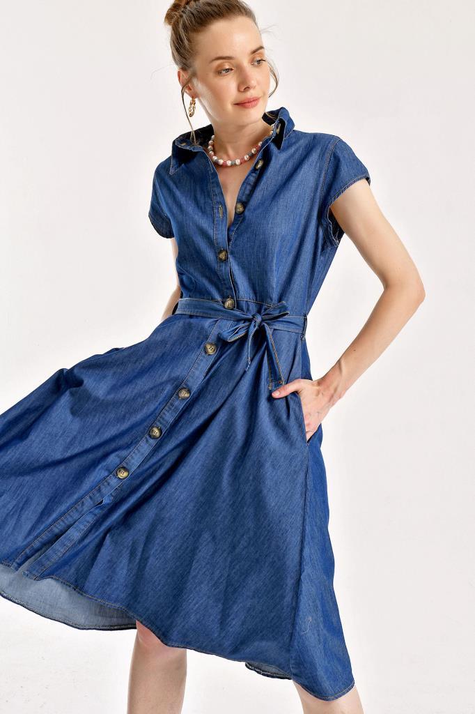 Bigdart 1677 Robe en jean à boutons sur toute la longueur avec ceinture - Bleu marine