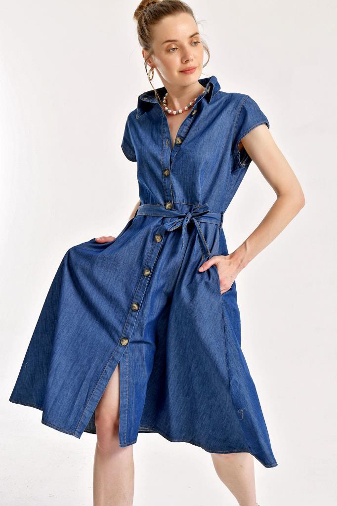 Bigdart Robe en jean à boutons et ceinture 1677 - Bleu marine