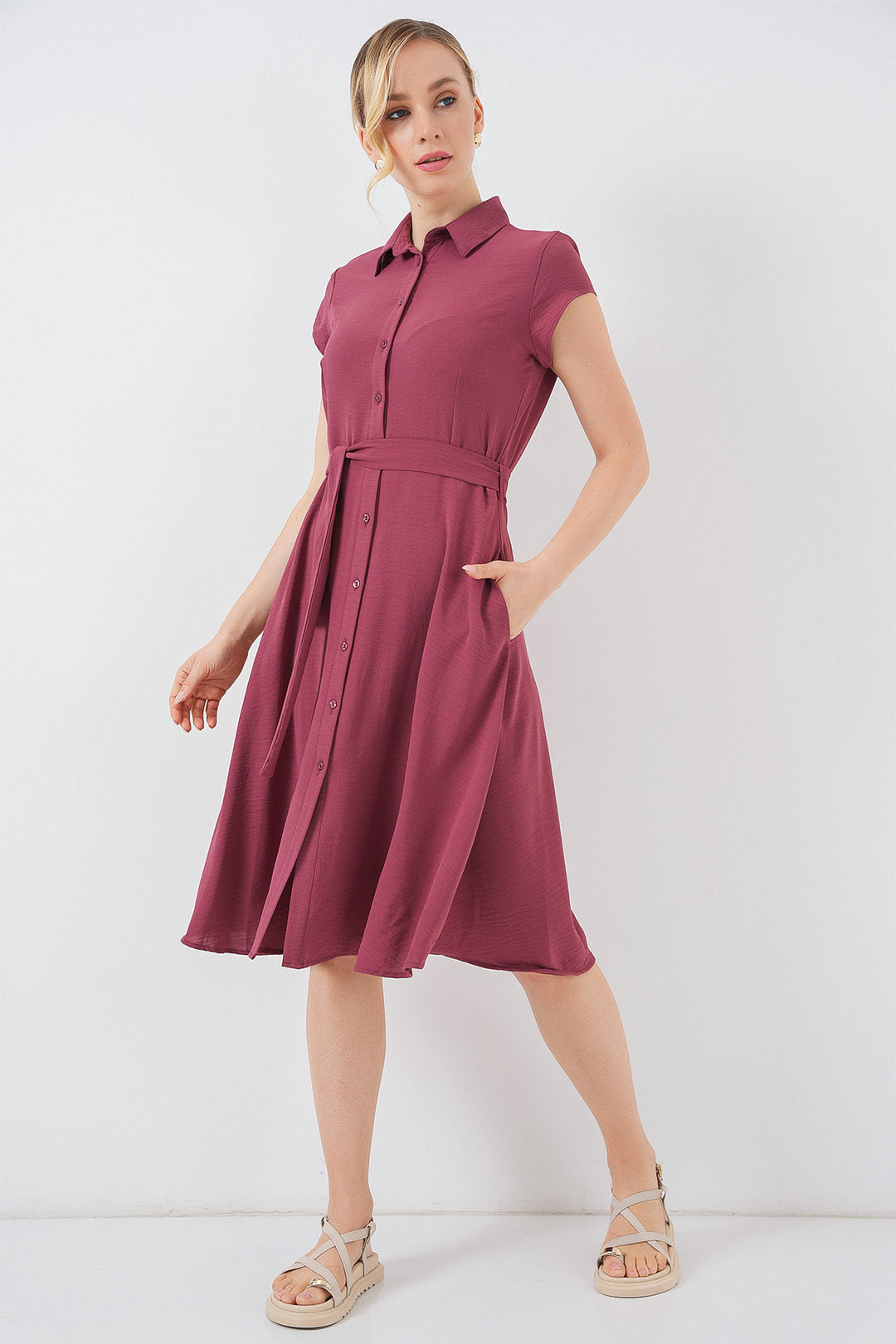 Bigdart 1677 Robe à ceinture à boutons - Vieux rose