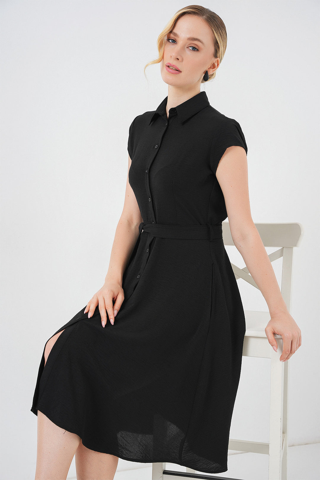 Bigdart 1677 Robe à ceinture à boutons sur toute la longueur - Noir