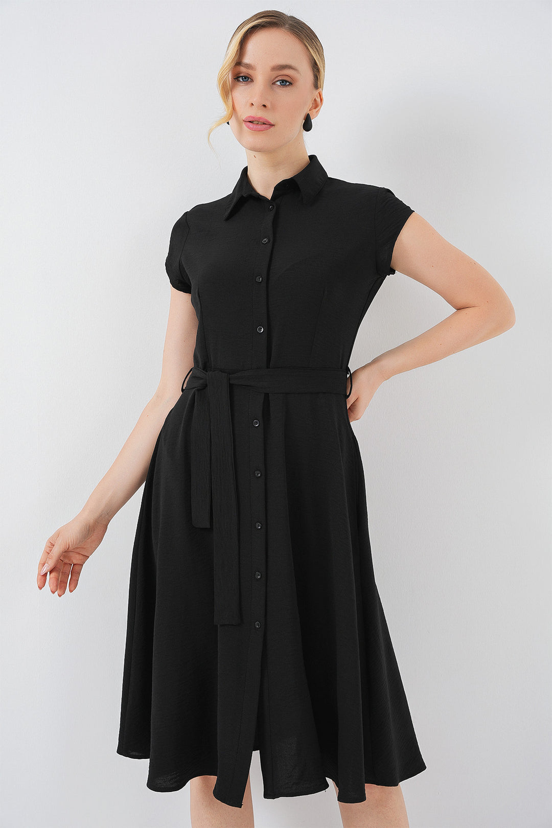Bigdart 1677 Robe à ceinture à boutons sur toute la longueur - Noir