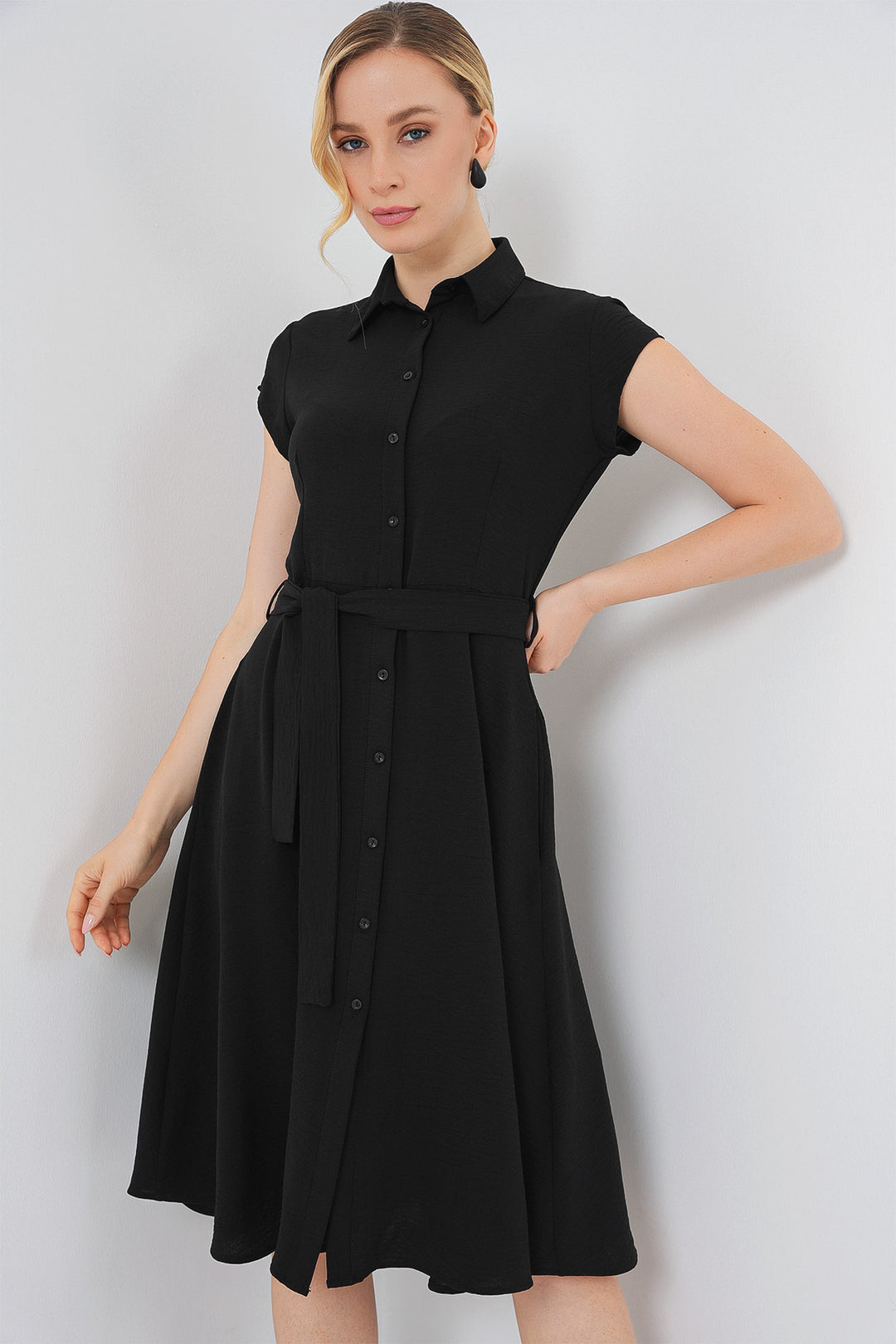 Bigdart 1677 Robe à ceinture à boutons sur toute la longueur - Noir
