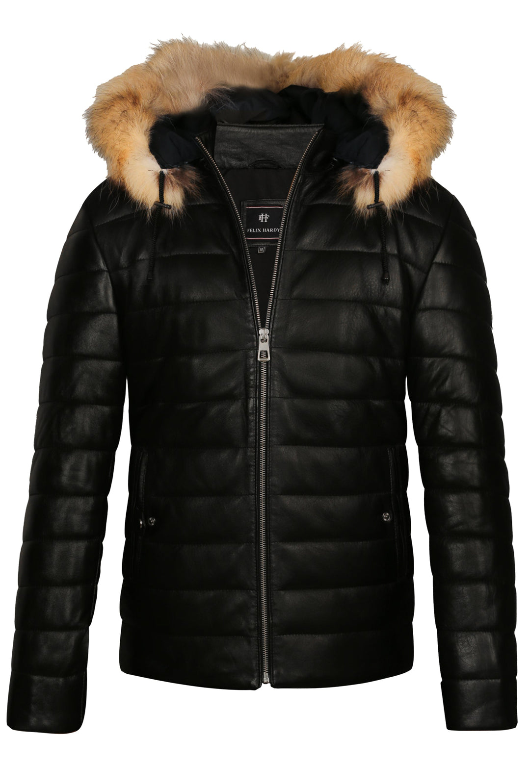 Felix Hardy Veste en Cuir Doudoune à Capuche avec Détails en Fourrure pour Homme - Noir