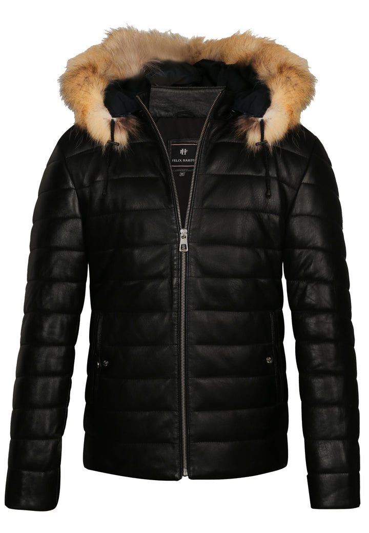 Felix Hardy Veste en Cuir Doudoune à Capuche avec Détails en Fourrure pour Homme - Noir