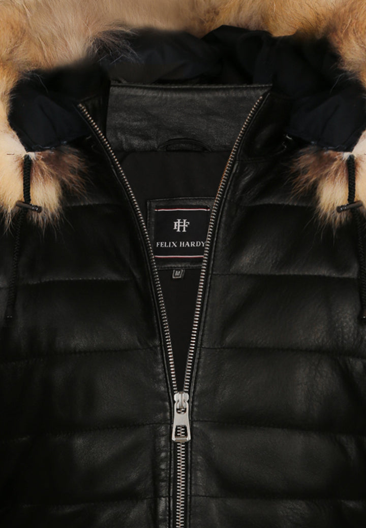 Felix Hardy Veste en Cuir Doudoune à Capuche avec Détails en Fourrure pour Homme - Noir