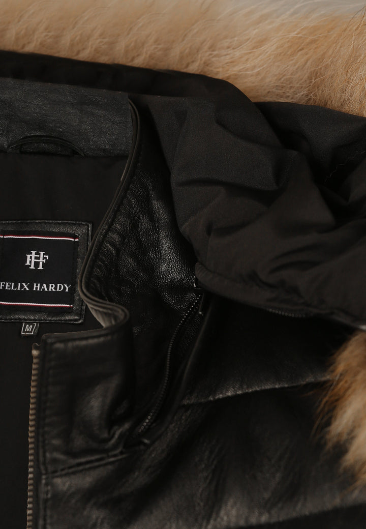 Felix Hardy Veste en Cuir Doudoune à Capuche avec Détails en Fourrure pour Homme - Noir