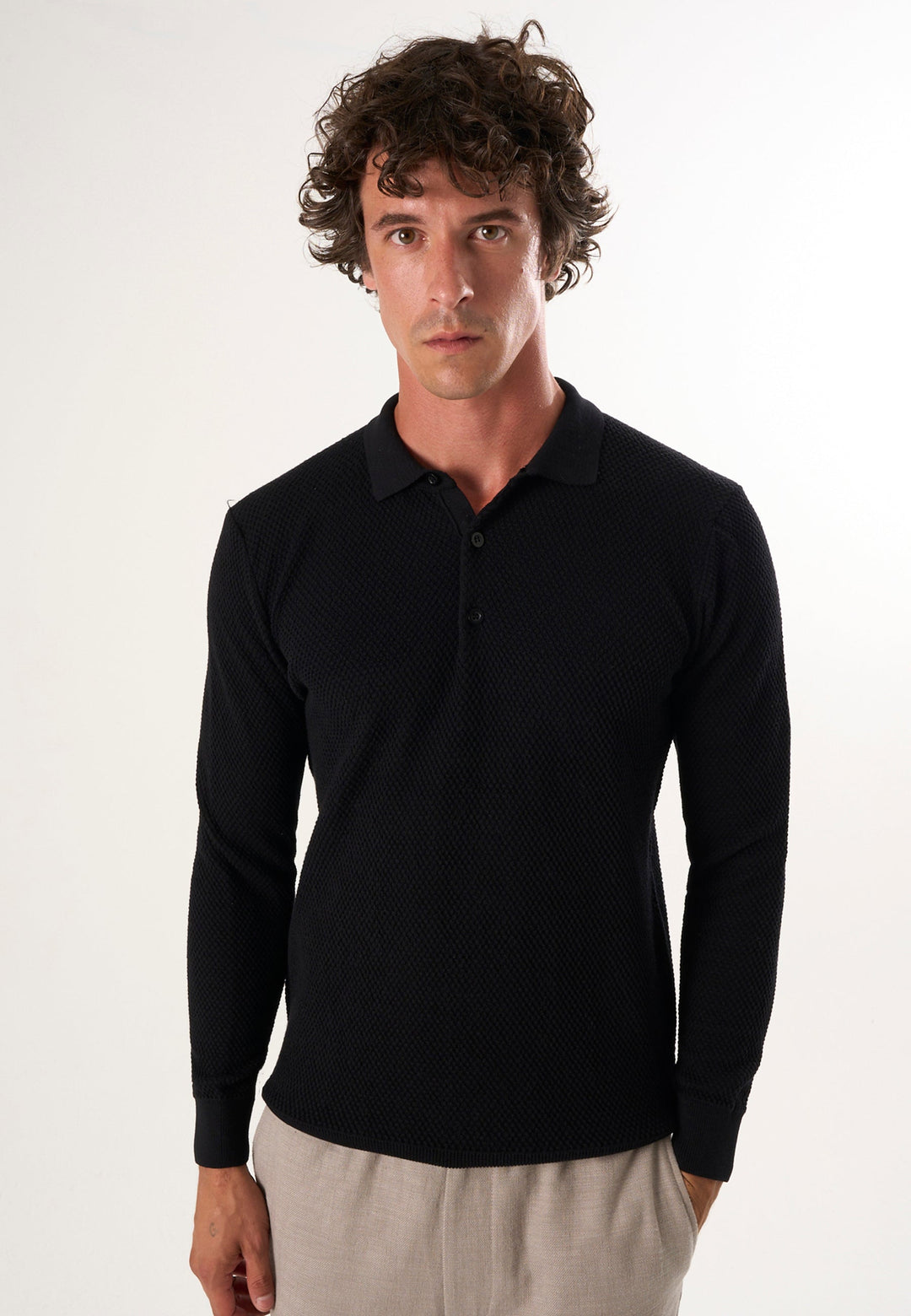 Felix Hardy Pull tricot à col polo texturé pour homme - Noir