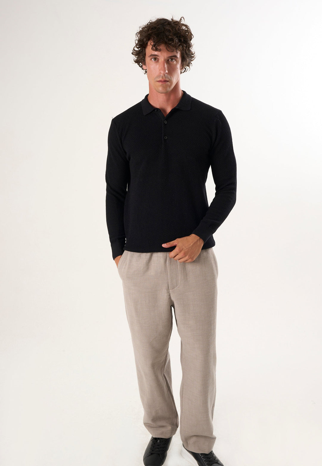 Felix Hardy Pull tricot à col polo texturé pour homme - Noir