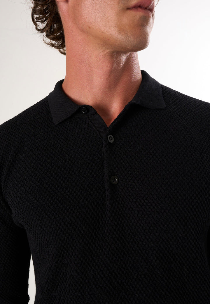 Felix Hardy Pull tricot à col polo texturé pour homme - Noir
