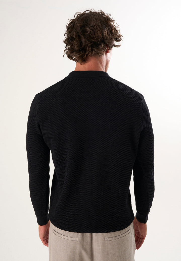 Felix Hardy Pull tricot à col polo texturé pour homme - Noir