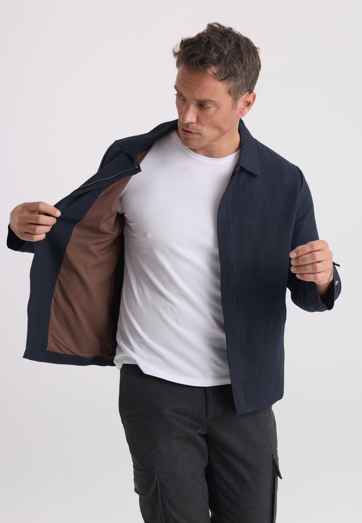 Felix Hardy Homme Veste Saisonnière Zippée Mélange Coton Lin - Bleu marine
