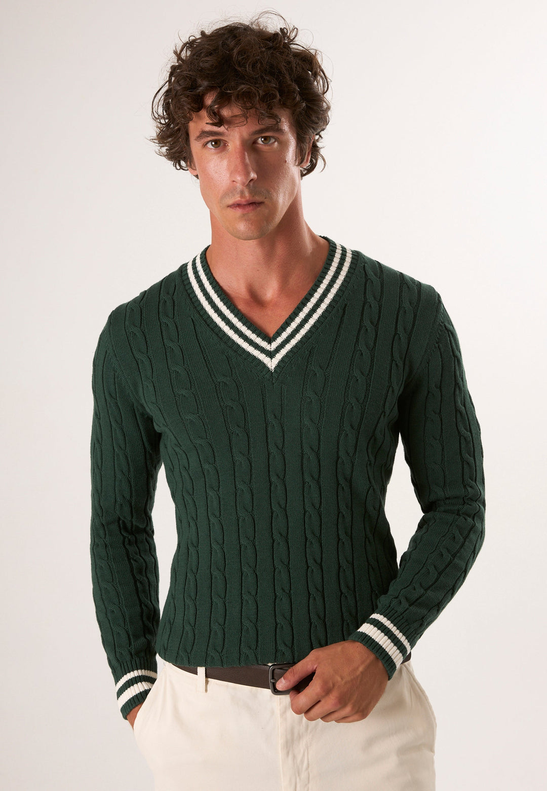 Felix Hardy Pull tricot homme col V tressé - Vert foncé
