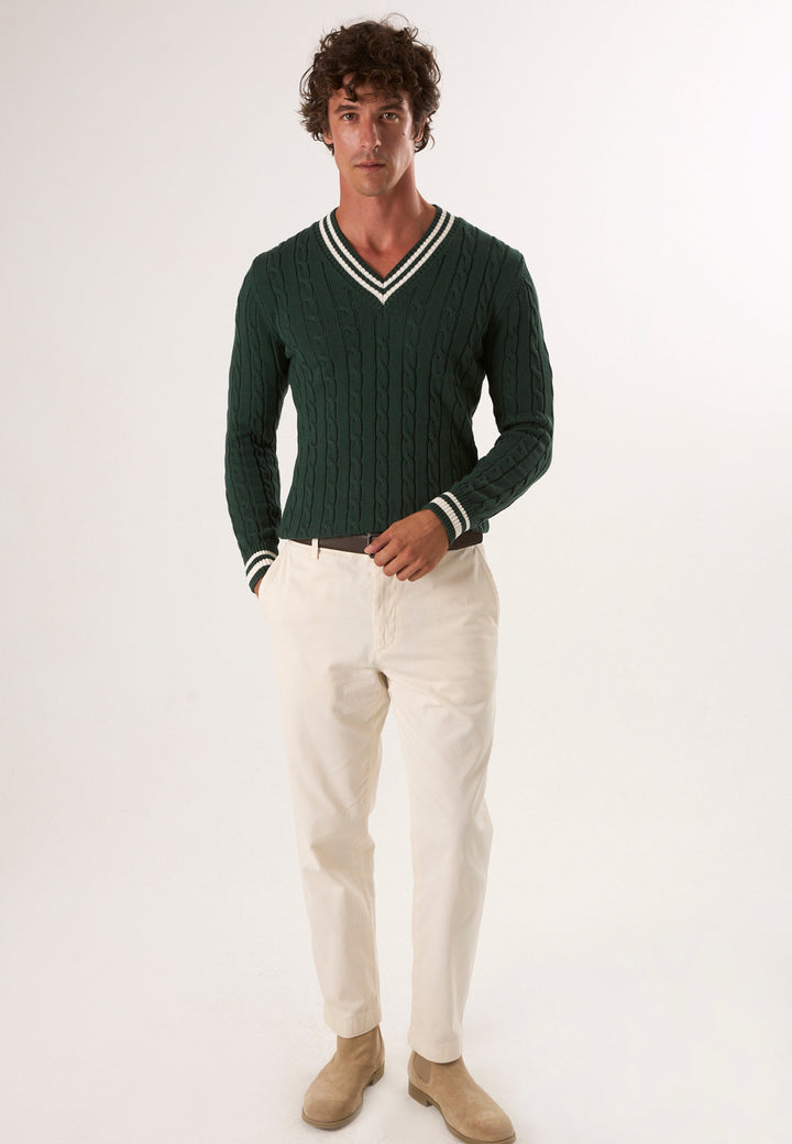 Felix Hardy Pull tricot homme col V tressé - Vert foncé