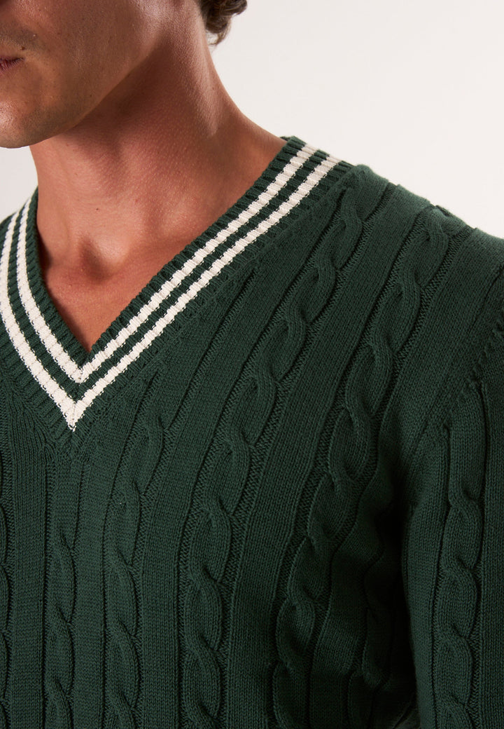 Felix Hardy Pull tricot homme col V tressé - Vert foncé