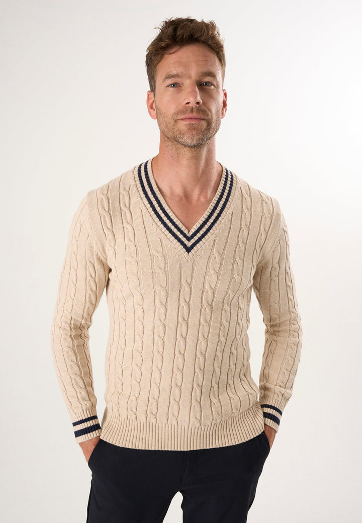 Felix Hardy Pull tricot homme col V tressé - Beige
