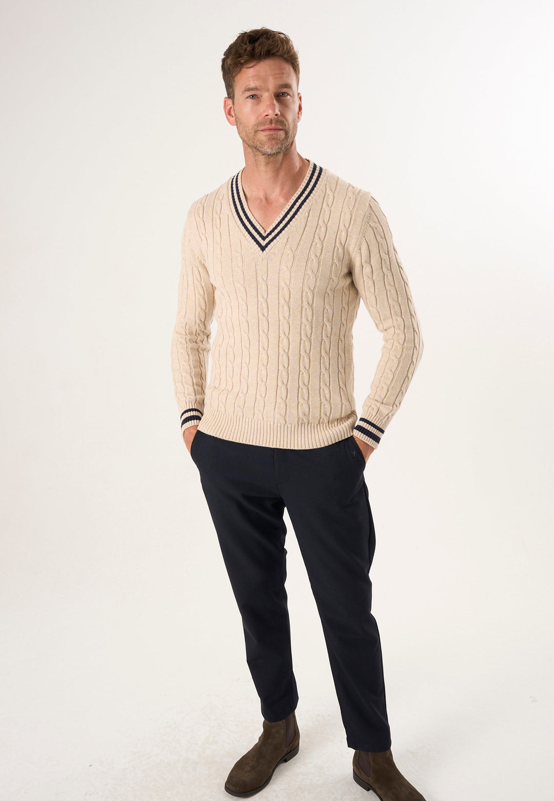 Felix Hardy Pull tricot homme col V tressé - Beige