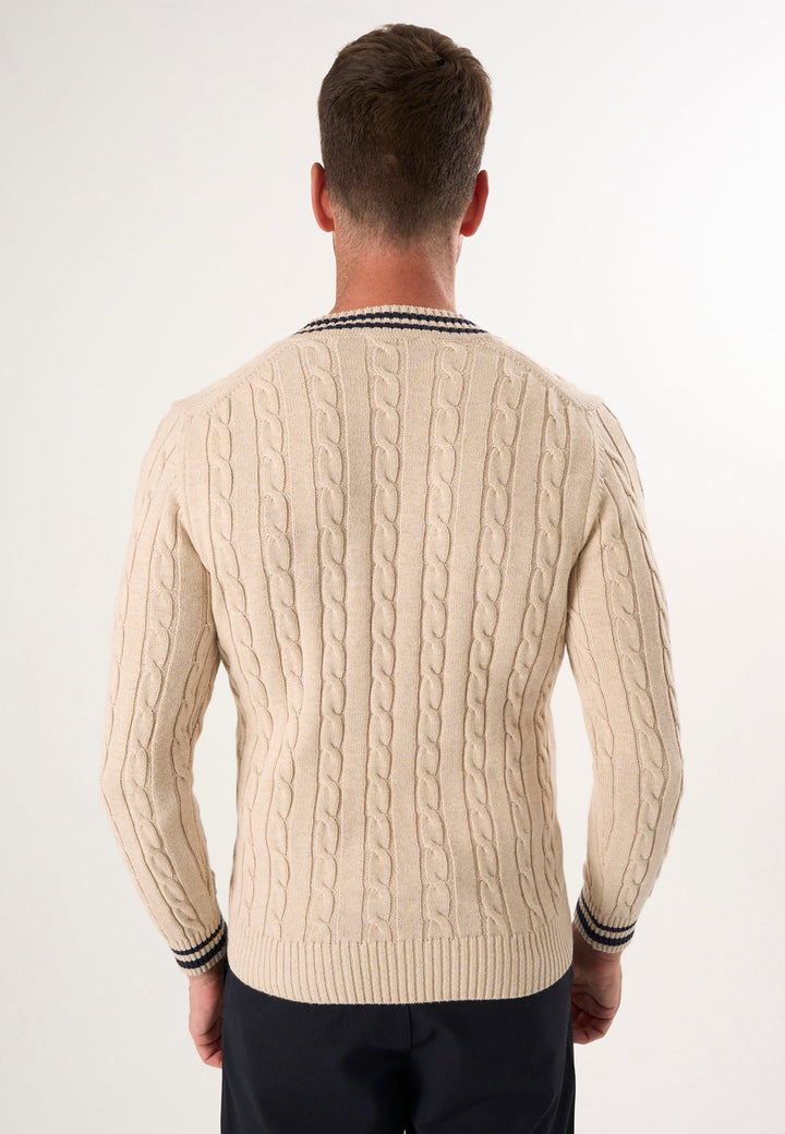 Felix Hardy Pull tricot homme col V tressé - Beige