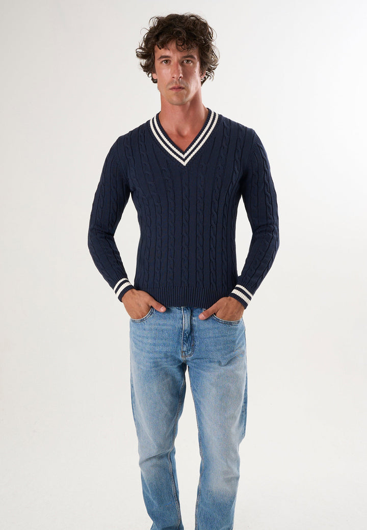 Felix Hardy Pull tricot à col en V pour homme - Bleu marine