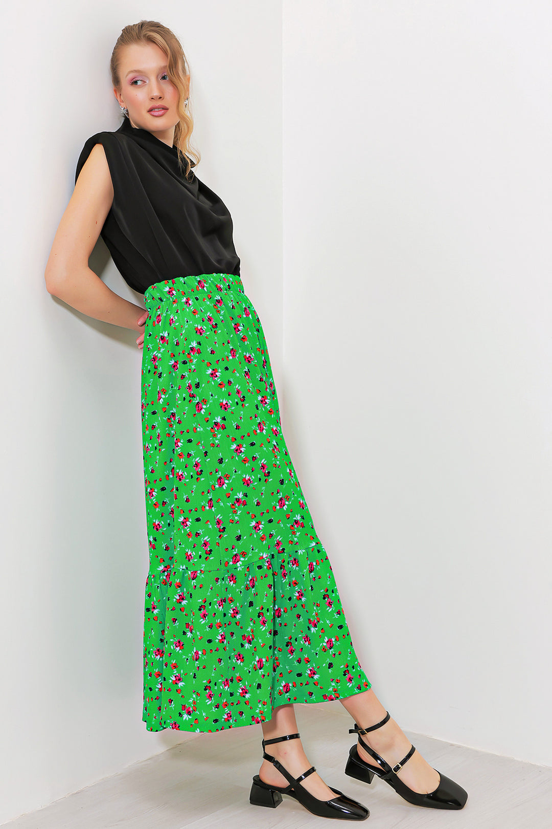 Bigdart Jupe longue en tricot à motifs floraux verts pour femme 1886