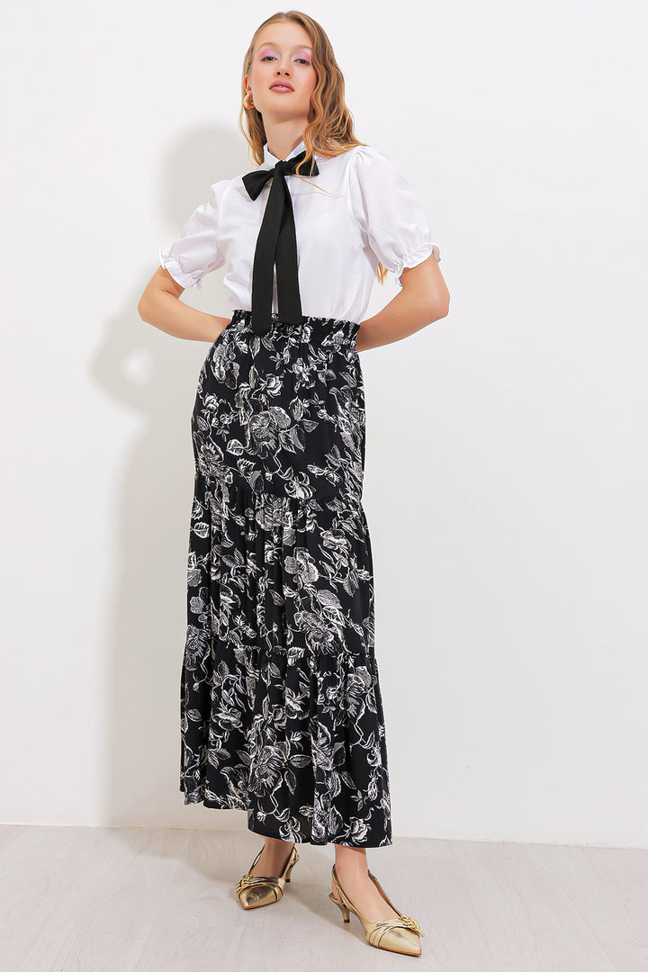 Bigdart Jupe longue en viscose à motifs noirs pour femme 1898 - Noir