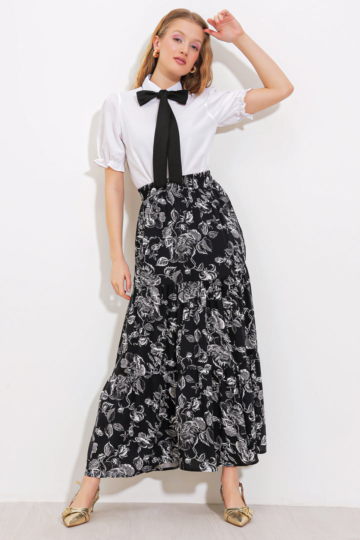 Bigdart Jupe longue en viscose à motifs noirs pour femme 1898 - Noir
