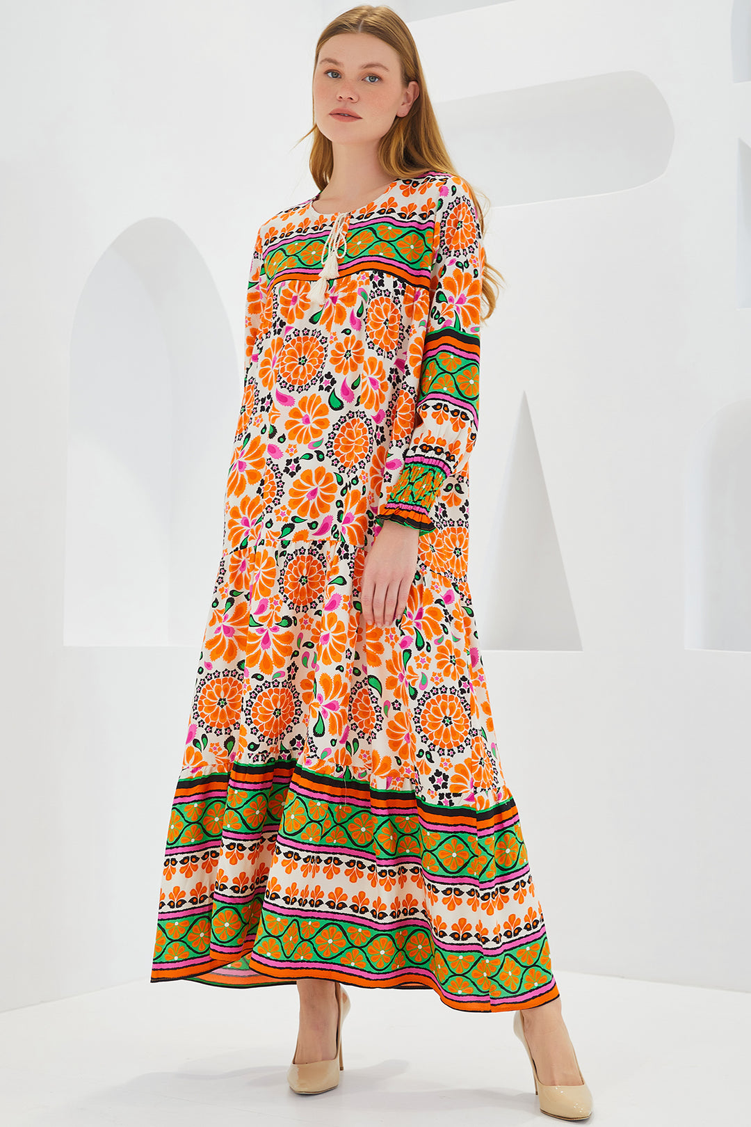 Bigdart Robe longue en viscose à motifs orange et vert pour femme 1947 - Orange