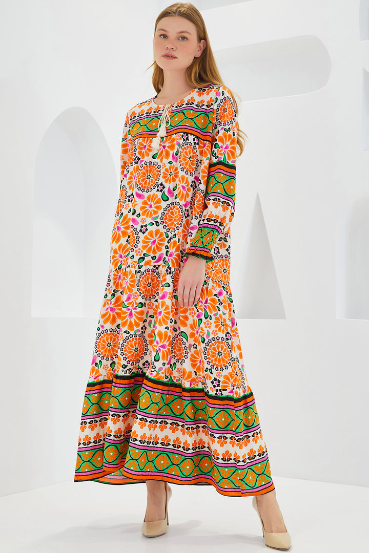 Bigdart Robe longue en viscose à motifs orange et vert pour femme 1947 - Orange