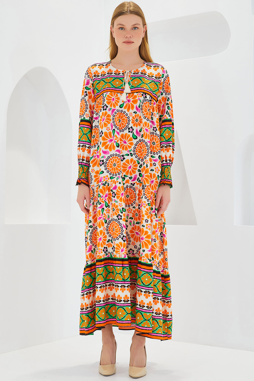 Bigdart Robe longue en viscose à motifs orange et vert pour femme 1947 - Orange