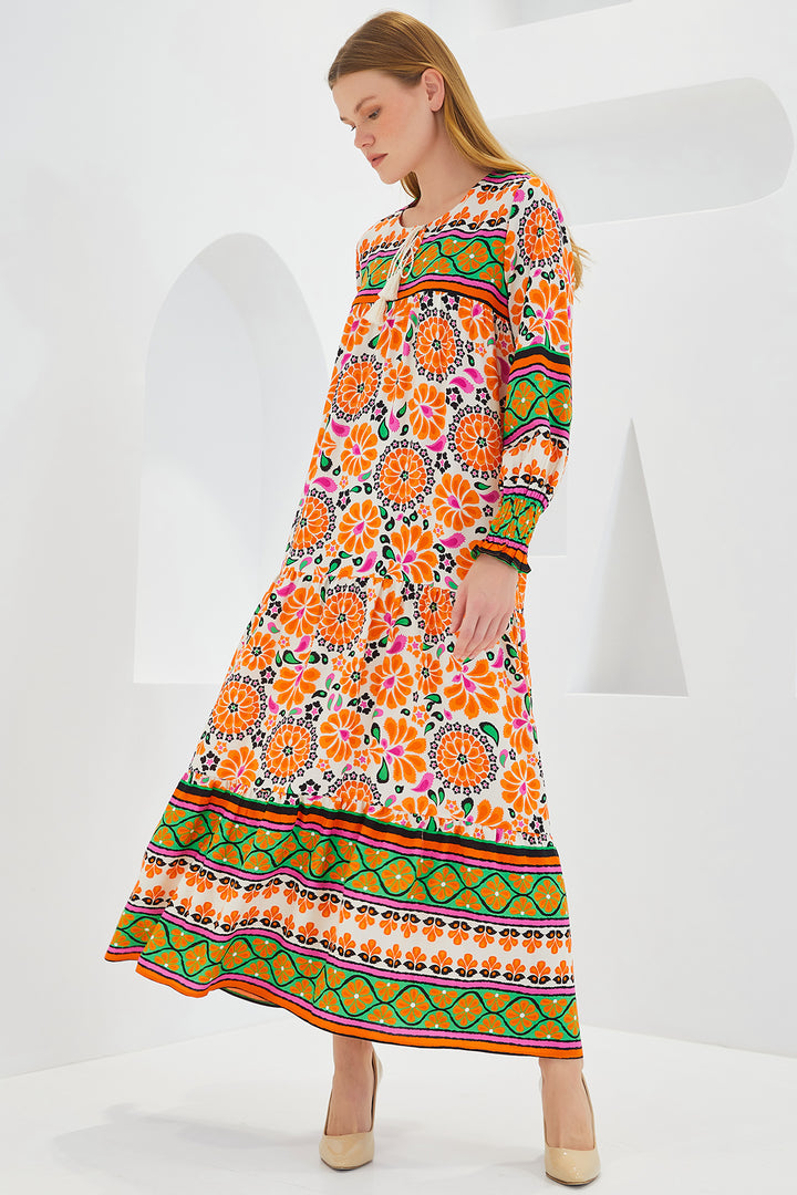 Bigdart Robe longue en viscose à motifs orange et vert pour femme 1947 - Orange