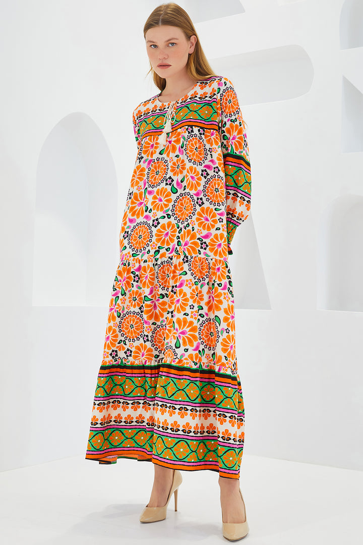 Bigdart Robe longue en viscose à motifs orange et vert pour femme 1947 - Orange