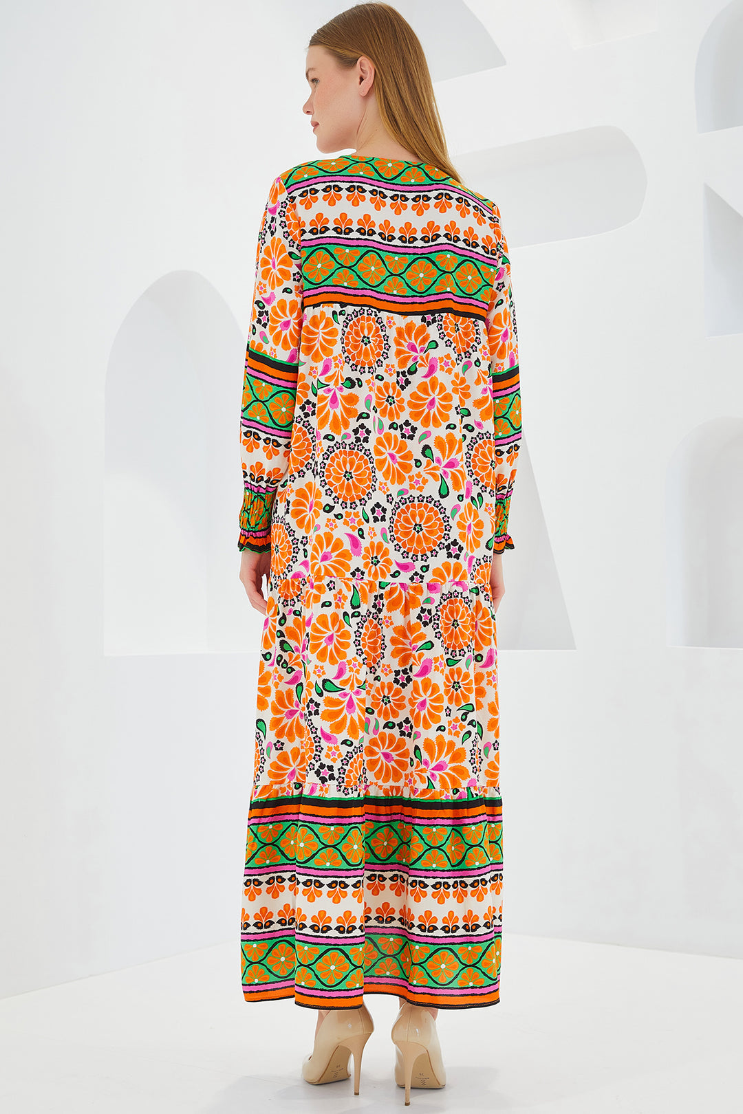 Bigdart Robe longue en viscose à motifs orange et vert pour femme 1947 - Orange