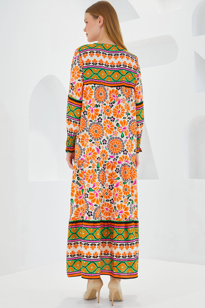 Bigdart Robe longue en viscose à motifs orange et vert pour femme 1947 - Orange