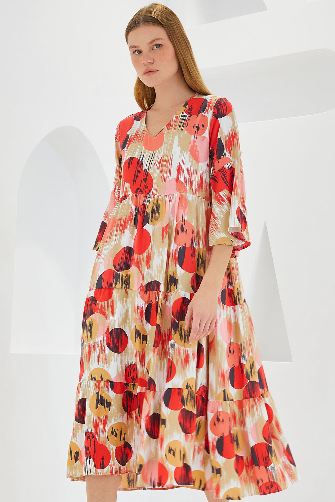 Bigdart Robe en viscose à manches courtes terre cuite et écru pour femme 1959